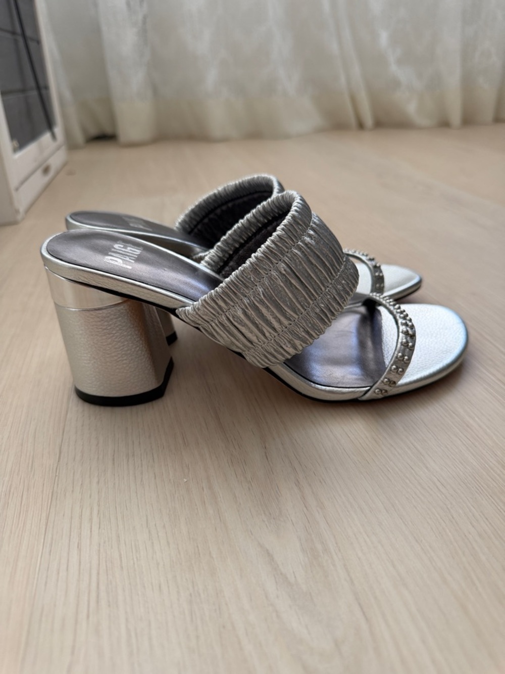 PAIGE Metallic Silver Ruched Block-Heel Slides with Studded Toe
